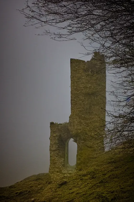 Image similar to brocken spectre, ghost of the lake, ruined castle