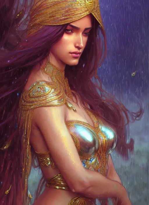 Image similar to an arabian princess standing in the rain crying, shiny, fantasy, intricate, elegant, hyper detailed, ultra definition, photoreal, artstation, unreal engine rendered, concept art, smooth, sharp focus, illustration, art by artgerm and greg rutkowski and alphonse mucha and garis edelweiss