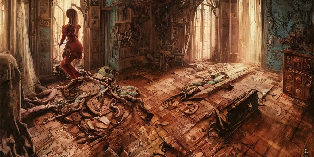 Prompt: realistic detailed image of a girl in an old soviet girlish room with a little monster hiding!!! under the bed!!! by Ayami Kojima, Amano, Karol Bak, Greg Hildebrandt, and Mark Brooks, Neo-Gothic, gothic, rich deep colors. Beksinski painting, part by Adrian Ghenie and Gerhard Richter. art by Takato Yamamoto. masterpiece .ntricate artwork by Tooth Wu and wlop and beeple, greg rutkowski, very coherent symmetrical artwork, cinematic, hyper realism, high detail, octane render, unreal engine, 8k, Vibrant colors, Smooth gradients, High contrast, depth of field. by Katsuhiro Otomo, full body character drawing, inspired by Evangeleon, clean ink detailed line drawing, intricate detail, extremely detailed, 8k. painting by Arthur Rackham, Eugene de Blaas, Frederic Leighton