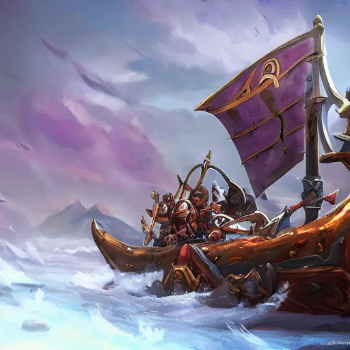 Image similar to arcane style viking battleship, viking cannons, viking spears and axes. spear and axes, sea background, bright art masterpiece artstation. 8 k, sharp high quality artwork, concept art by tooth wu, blizzard warcraft artwork, hearthstone card artwork