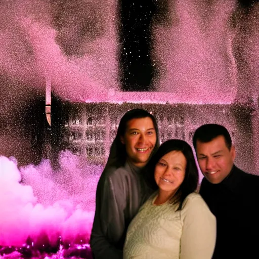 Prompt: a close up of a smiling couple of parents to be, in front of 9 / 1 1 with pink smoke, clear details, award winning