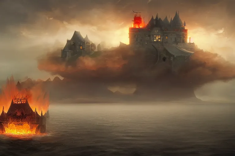 Prompt: a mysterious castle floating in the middle of a vast lake by a farm and a large fiery dragon enters the atmosphere through a gap in the clouds, cinematic lighting, ultra realistic by michal lisowski and tom bagshaw
