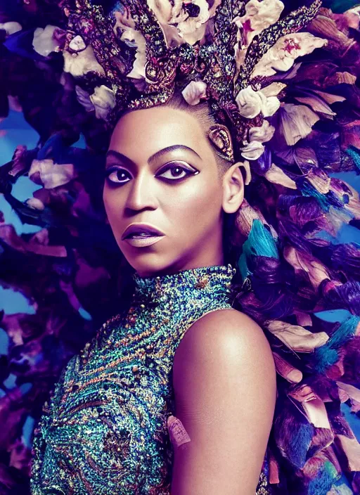 Image similar to photo of beyonce styled by nick knight posing, intricate headpiece, showstudio, face close up, vogue magazine, 2 0 2 0, canon, highly realistic. high resolution. highly detailed. dramatic. 8 k. 4 k. zeiss lens, canon eos, cinematic lighting, photography, film still