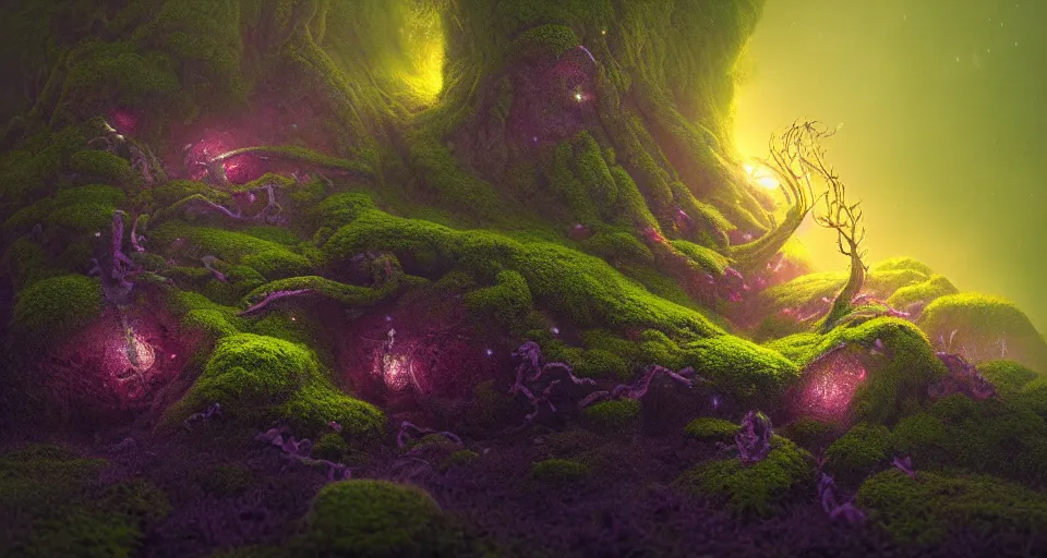 Image similar to a beautiful macro photography of moss with alien fungus, hyperdetailed, warm volumetric lights, made by gerald brom and mike winkelmann