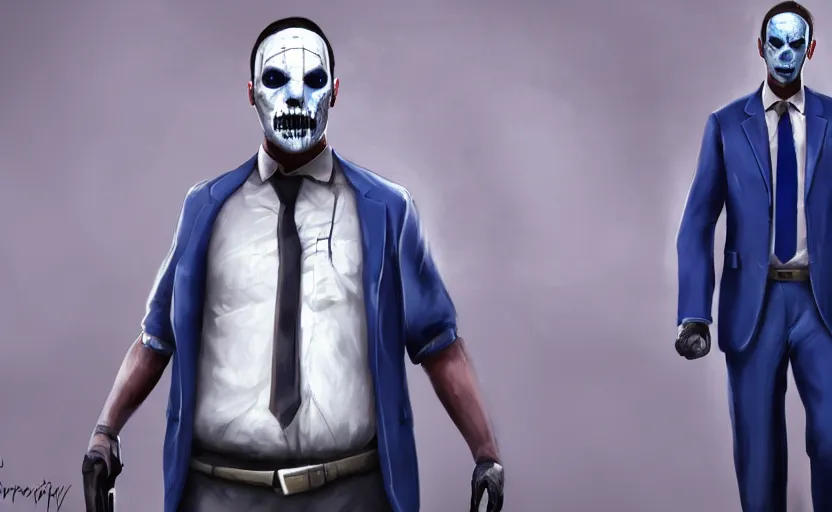 Image similar to cinematic view of a dead by daylight killer lawyer wearing a blue business suit, character portrait, digital art