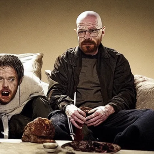 Image similar to walter white eating jesse pinkman alive in the walking dead