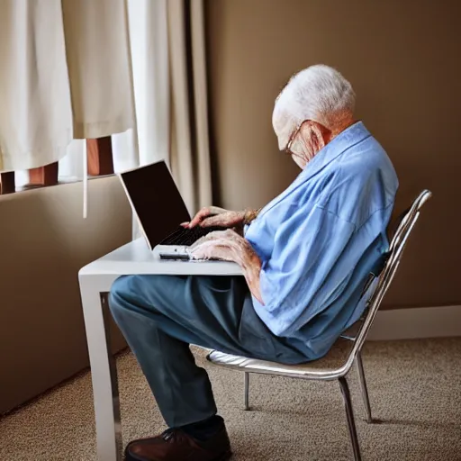 Image similar to elderly man sitting inside a casket browsing internet on laptop from a casket casket