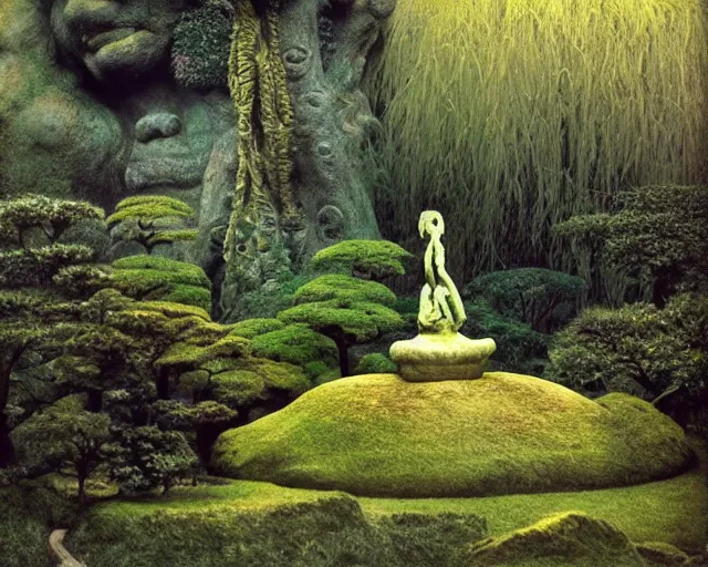 Prompt: a pagan luscious japanese garden with amazing little altar and plants with a gigantic statue of an ancient god stretching its arms above the garden by beksinski, digital art, colorful, artstation