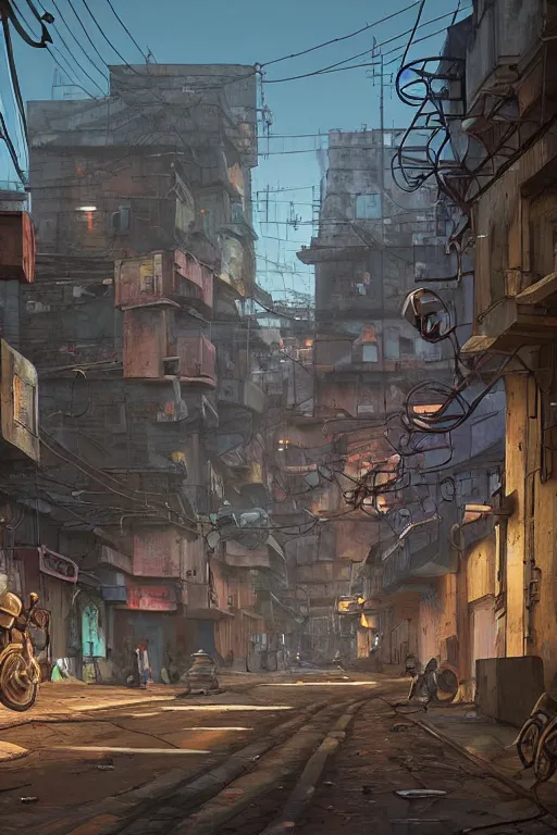 Image similar to a industrial STEAMPUNK CITY Street scenery in the FAVELAS, signs, billboards and cable Connecting MULTI LVL BUILDINGS, rendered by simon stålenhag, rendered by Beeple, Makoto Shinkai, syd meade, environment concept, digital art, starwars, raphael lacoste, eddie mendoza, alex ross, concept art, cinematic lighting, , unreal engine, 3 point perspective, WLOP, trending on artstation, low level, 4K UHD image, octane render,