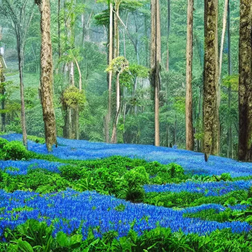 Image similar to an endless plain of blue flowers, a distant rainforest, gigantic trees in the style of avatar, h 7 0 4