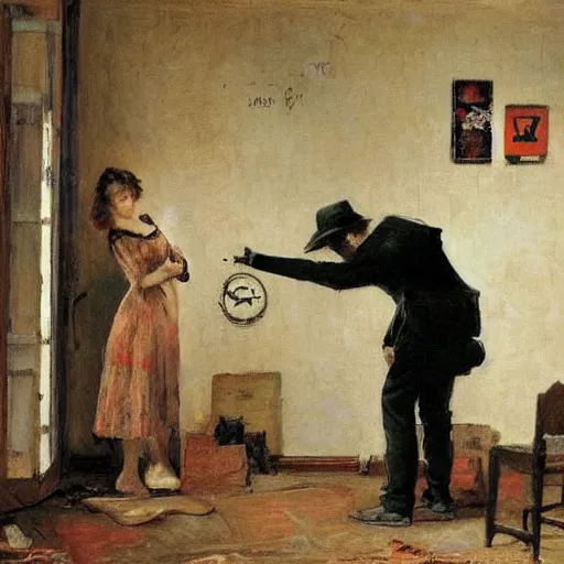 Image similar to a man and a woman solving an escape room puzzle, mysterious markings on the wall, by alfred stevens