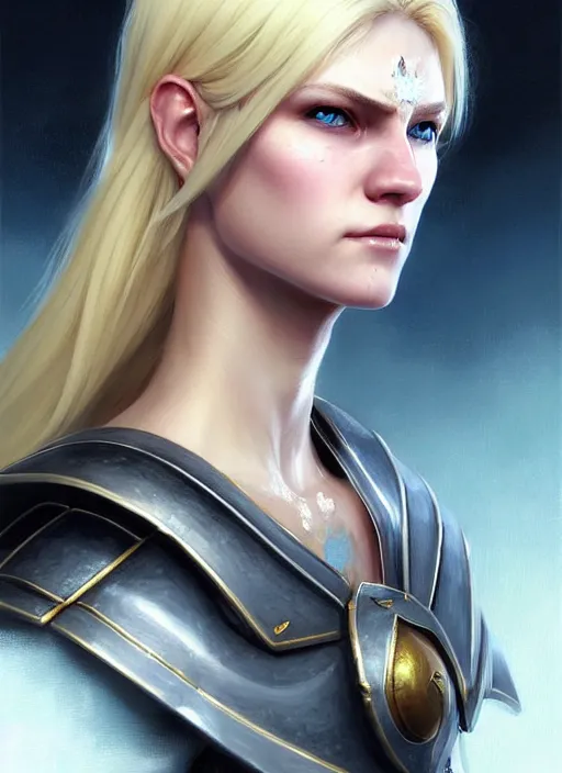 Image similar to a _ fantasy _ style _ portrait _ painting _ of friendly white female paladin with blonde hair and blue eyes,, scar under left eye, holy oil _ painting _ unreal _ 5 _ daz. _ rpg _ portrait _ extremely _ detailed _ artgerm _ greg _ rutkowski _ greg