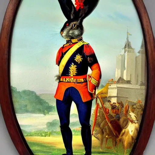 Image similar to A painting of a rabbit wearing a napoleon-era officer's uniform