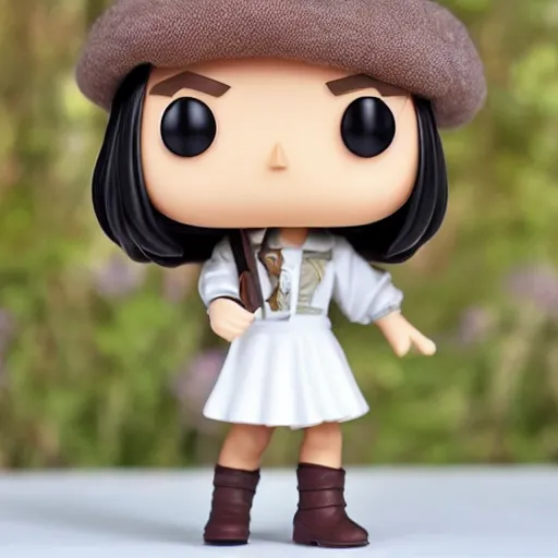 Image similar to Elmiira; funko pop of girl with short brown hairm, wearing a beret; white shirt; funko pop