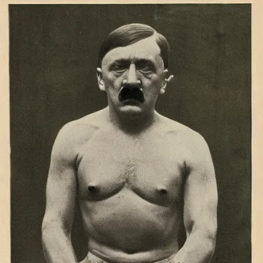 Image similar to adolf hitler as a muscular father of little mandrake, realistic,