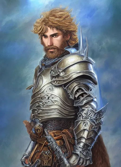 Image similar to A Human Male Paladin, highly detailed face, glowing white eyes, shaggy hair, scruffy brown beard, Teal flames surrounding, medium armor, wings, fantasy, intricate, elegant, highly detailed, digital painting, artstation, concept art, smooth, sharp focus, illustration, art by Larry Elmore and Jeff Easley and Clyde Caldwell