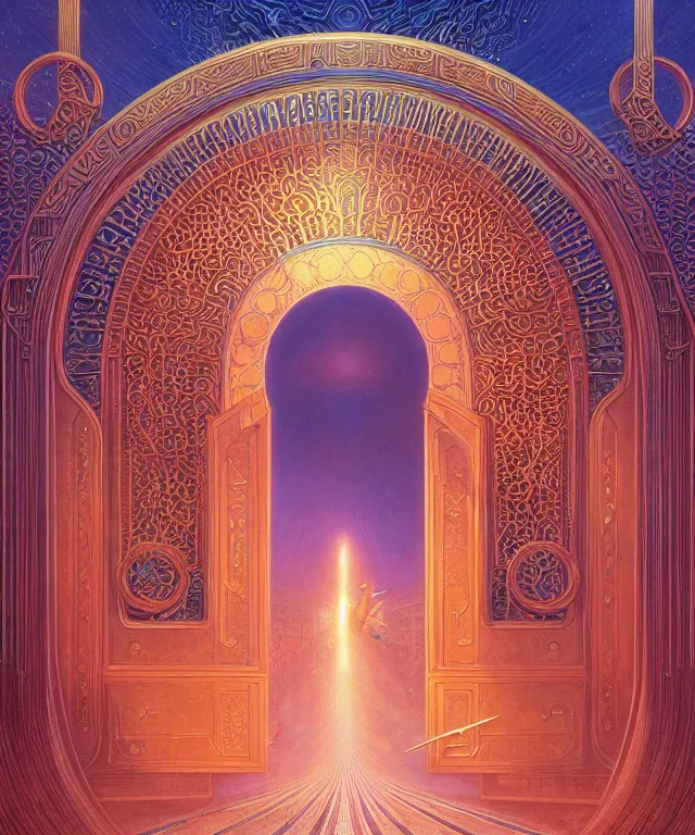 Prompt: the gates of heaven, beautiful delicacy, glowing portal, flowing arab art deco nouveau brutalist architecture, repeating patterns, tim hildebrandt, wayne barlowe, bruce pennington, donato giancola, trending on artstation, cinematic composition, beautiful lighting, hyper detailed, 8 k, oil on canvas