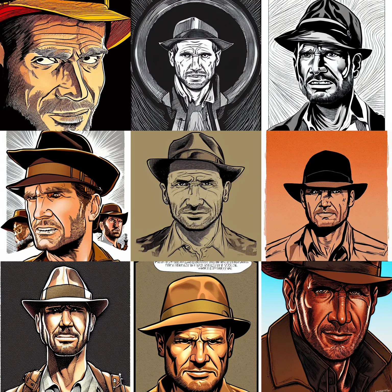 Prompt: centered cell shaded! head portrait of indiana jones llustration, art by laurie greasley