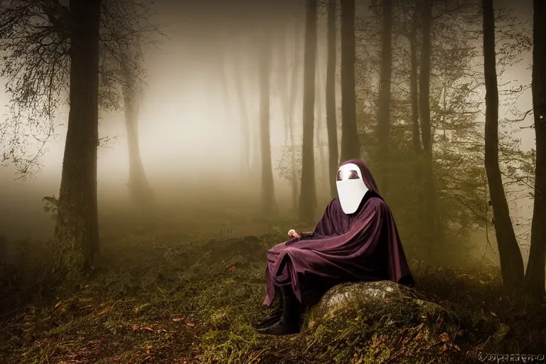 Prompt: hooded knight in a cape and shiny armour meditating in a foggy forest at dusk by a river professional photography, elegant, highly detailed, sharp focus