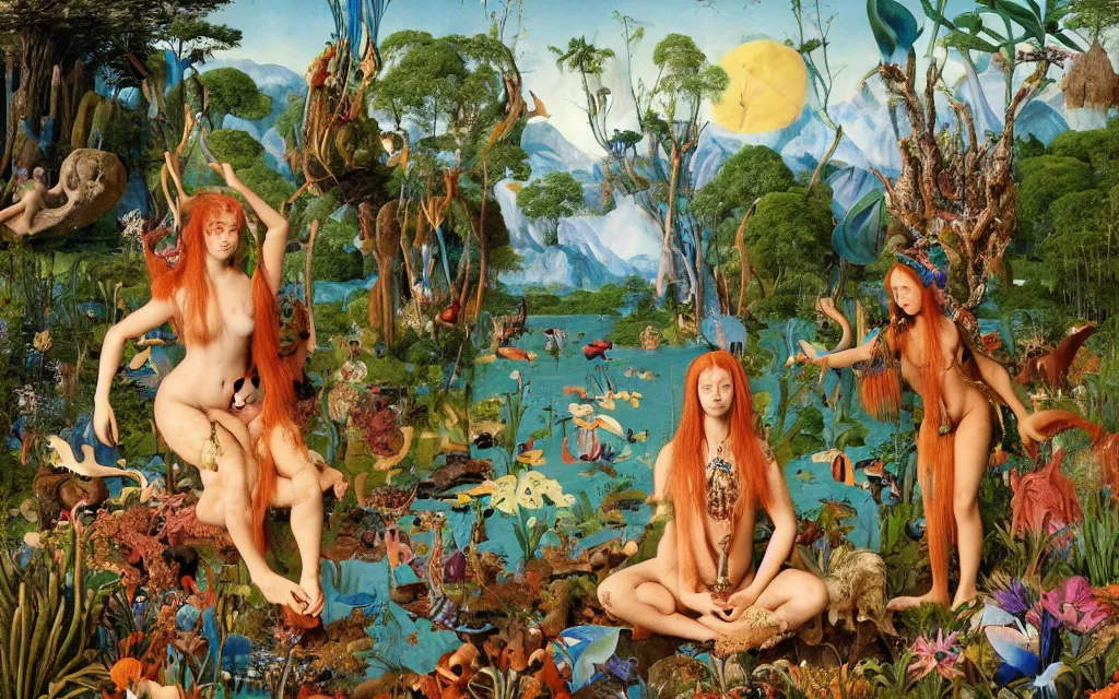 Prompt: a portrait photograph of a meditating mermaid shaman and a centaur monk feeding tropical animals at a wide river delta. surrounded by bulbous flowers, elephants, trees and mushrooms. mountain range under a vast blue sky of burning stars. painted by jan van eyck, max ernst, ernst haeckel and artgerm, cgsociety, artstation, fashion editorial