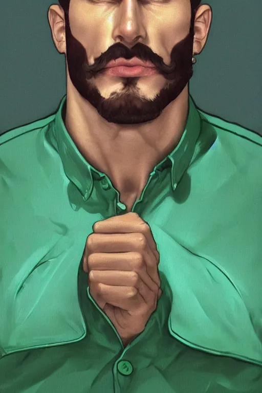 Prompt: gigachad luigi wearing a green shirt and blue overalls by ilya kuvshinov, bodybuilder ernest khalimov, super mario bros symmetrical face concept art, hyper realistic, intricate, elegent, highly detailed, digital painting, concept art, smooth, sharp, focus, illustration, art by artgerm and greg rutkowski and alphonse mucha, artstation