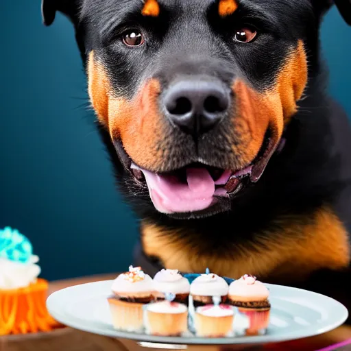 Image similar to a high - quality photo of a cute rottweiler with a birthday cake, 4 5 mm, f 3. 5, sharpened, iso 2 0 0, raw, food photography