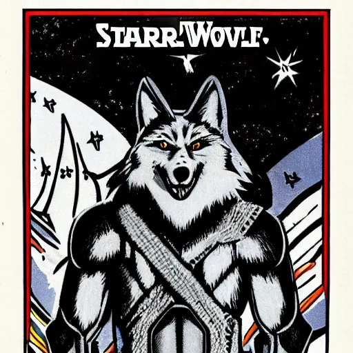 Image similar to 1 9 8 0 s video game art of anthropomorphic wolf o'donnell from starfox fursona furry wolf in a dark space mercenary uniform, looking heroic, magazine scan, 8 0 s game box art, dark grey wolf o'donnell