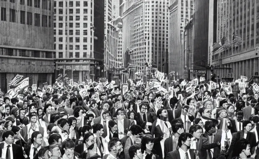 Image similar to photorealistic picture of wallstreet 1 9 8 4 style