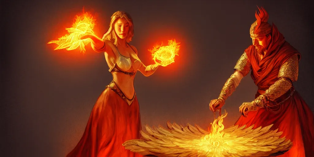 Image similar to Mage casting a fireball and roasting a chicken, D&D, fantasy, medieval, life drawing, intricate, elegant, highly detailed, digital painting, artstation, concept art, smooth, sharp focus, master illustration, art monet and mucha