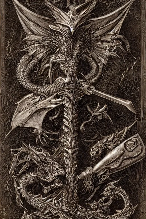 Image similar to a war axe engraved with dragon ornaments by Gerald Brom