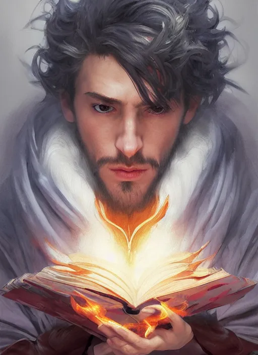 Prompt: character concept portrait of an attractive young angry Spanish wizard with pale red skin enchanting a flaming spell, a floating iridescent spell book in the center, intricate, elegant, digital painting, concept art, smooth, sharp focus, illustration, from Metal Gear, by Ruan Jia and Mandy Jurgens and William-Adolphe Bouguereau, Artgerm