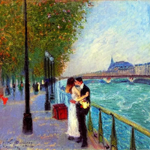 Image similar to impressionism kissing near le seine, paris