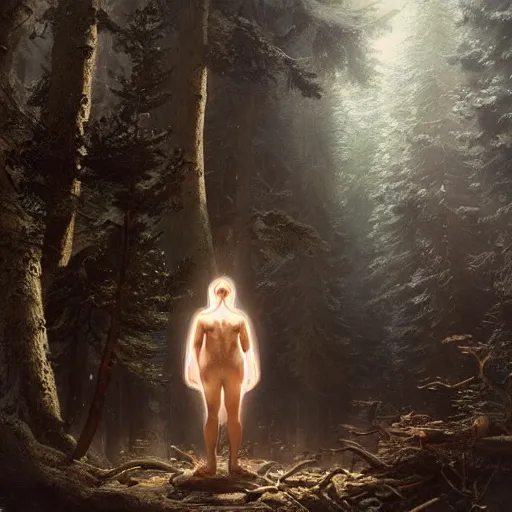 Image similar to a mysterious elf, glowing and wearing a loose robe, levitating and surrounded by an orb of infinite energy, Ivan Shishkin and Greg Rutkowski