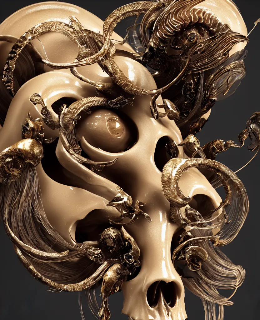 Image similar to goddess princess face close-up portrait ram skull. sculpture made of polished gold and matte obsidian. jellyfish phoenix head, nautilus, orchid, skull, betta fish, bioluminiscent creatures, intricate artwork by Tooth Wu and wlop and beeple. octane render, trending on artstation, greg rutkowski very coherent symmetrical artwork. cinematic, hyper realism, high detail, octane render, 8k