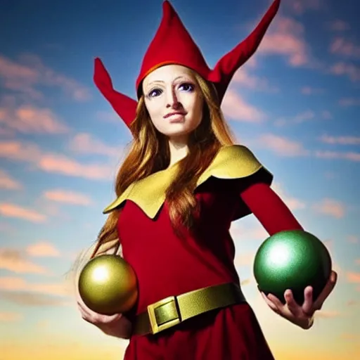 Image similar to an elf woman flies above a battlefield, clutching a ball radiating golden energy. Soft smile, closed eyes