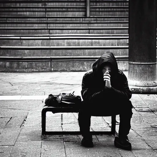 Image similar to black and white fashion photograph, highly detailed portrait of a depressed white drug dealer sitting on a bench on a busy Paris street, looking into camera, eye contact, natural light, rain, mist, lomo, fashion photography, film grain, soft vignette, sigma 85mm f/1.4 1/10 sec shutter