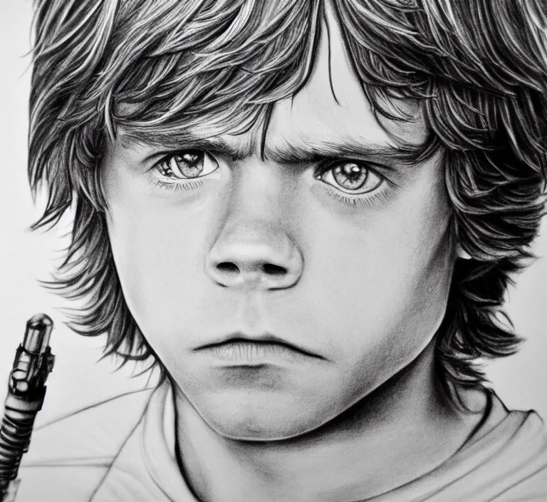 Prompt: epic beautiful ink pencil drawing of young mark hamill as luke skywalker in 1 9 8 5 cute hd cinematic portrait leica zeiss trending on flickr