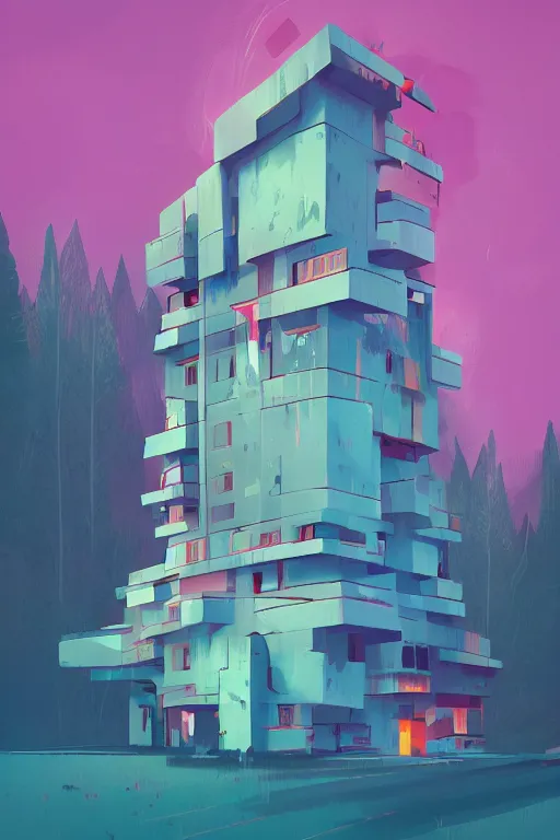 Image similar to an illustration of a post - modern building in the woods, trending on artstation, central composition, very cartoon, shape focus, high detailed, by anton fadeev