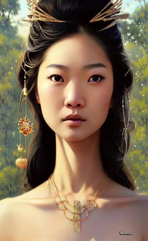 Image similar to a beautiful young charming asian goddess with sundress + jewelry + shinny eyes | | winter, symmetric, realistic shaded, unpleasant face, good looking, fine details, dior, lv, realistic shaded lighting poster by greg rutkowski, macoto takahashi, magali villeneuve, artgerm, jeremy lipkin and michael garmash