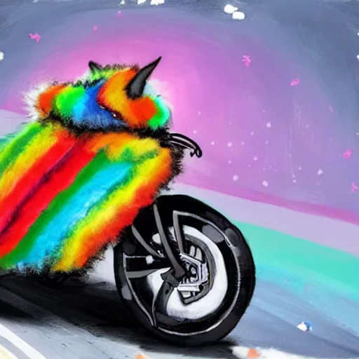 Image similar to wide angle full body, jacket wearing fluffy cute rainbow kitten wearing a black leather motorcycle jacket, riding on a motorcycle, cinematic concept art