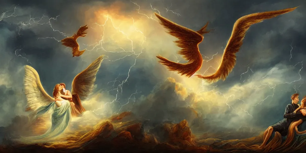 Image similar to young couple falling through clouds, winged angel & demon with tail. background clouds, illuminated by lightning and fire