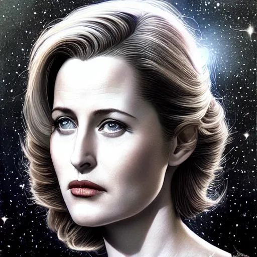 Image similar to young Gillian Anderson as a ruggedly beautiful retro SCI-FI space heroine 1985 , intricate, elegant, highly detailed, centered, digital painting, artstation, concept art, smooth, sharp focus, illustration, art by artgerm and donato giancola and Joseph Christian Leyendecker, Ross Tran, WLOP