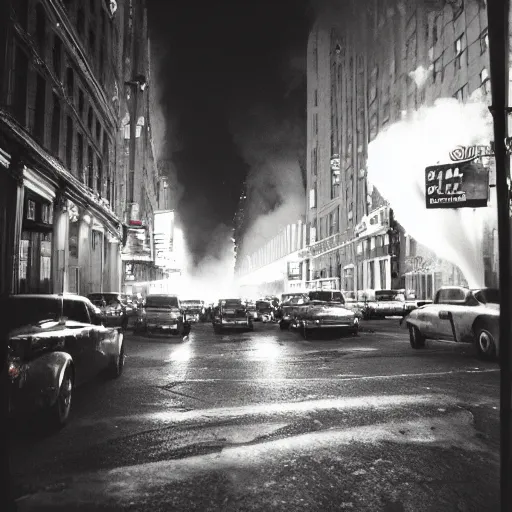 Prompt: a high resolution photo of a new york street at night with an old church on fire surrounded with smoke and cars with bright headlights by robert capa, realistic photo, leica, cinematic lighting, magnum award winning photograph, parallax photography,-W 1024