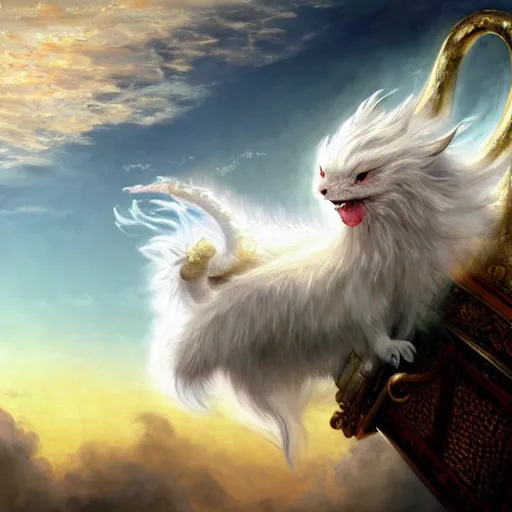 Prompt: white Luck dragon sitting on the cumulous and cirrostratus clouds, playing a large harp, never ending story, hyper realistic fur, glittering, illustration, concept art, artstation, sunset, reflections, heartwarming, peaceful, 4k, art of ILM, style of trending artstation, by Eugène Delacroix, John Constable, J M W Turner, Romanticism