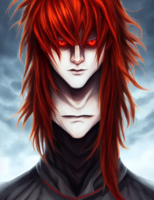 Prompt: a detailed manga portrait of a shadowy handsome demon boy with long crimson hair and glowing orange eyes and fangs, trending on artstation, digital art, 4 k resolution, detailed, high quality, sharp focus, hq artwork, coherent, insane detail, character portrait