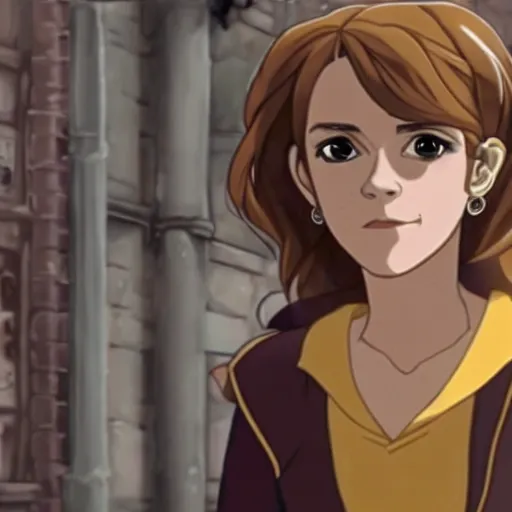 Image similar to emma watson as hermione granger as an anime character, holding a wand, animated diagon alley, night time