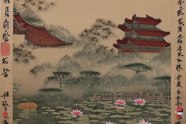 Prompt: a two - floor traditional small chinese wood building with lotus relief, in a serene landscape, waterlily pond, traditional chinese landscape painting, light color