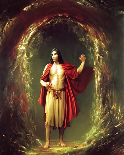 Prompt: A wild magic sorcerer. He is wearing a cloak with glowing runes on it and a crown. He is frowning seriously. He is preparing to cast a spell to banish the old gods. He is standing in spell circle. Award winning realistic oil painting by Thomas Cole and Wayne Barlowe