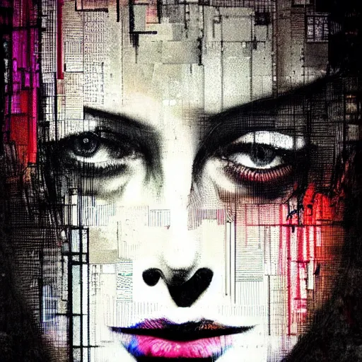 Image similar to portrait of a hooded beautiful women, mysterious, glitch effects over the eyes, shadows, by Guy Denning, by Johannes Itten, by Russ Mills, centered, glitch art, innocent, clear skin, hacking effects, chromatic, cyberpunk, color blocking, digital art, concept art, abstract