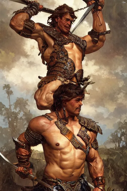 Image similar to full body image of muscular male barbarian holding sword in the air, intricate details, large sword, by Stanley Artgerm Lau, by greg rutkowski, by thomas kindkade, by alphonse mucha, loish, by norman rockwell J.